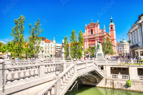 Ljubljana City Center during a Sunny Day overlooking the Triple Bridge and Beautiful Franciscan Church