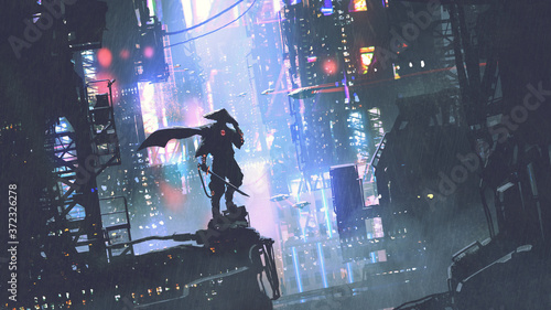 futuristic samurai standing on a building in cyberpunk city at rainy night, digital art style, illustration painting