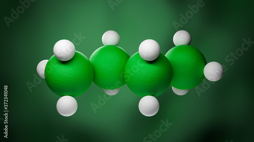 Model of a butane molecule of the family of the single bonded hydrocarbons. Four Carbon atoms in green, Hydrogen atoms in white.