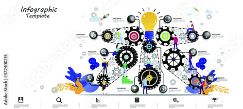  Mind Map business people climbing gear cogs wheel. Concept of Teamwork, people building gear wheels. flat design illustration modern Idea and Concept Vector.