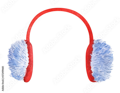 Watercolor image of bright red and blue fluffy fur ear muffs isolated on white background. Hand drawn illustration of ear warmers. Winter accessory fur headphones