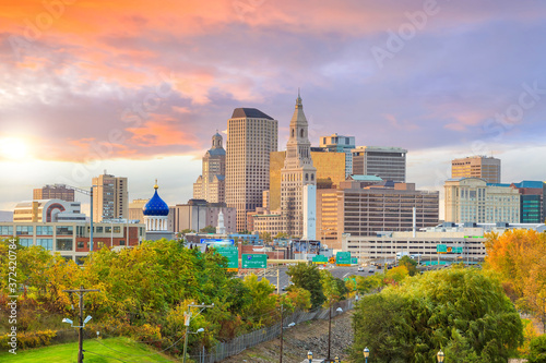 Skyline of downtown Hartford, Connecticut from above Charter Oak Landing at sunset