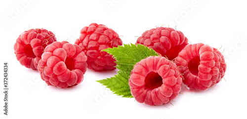 Raspberries with leaves Isolated on White Background. Ripe berries isolated.
