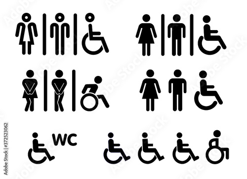 Wc world toilet day. Bathroom or restroom icons. Funny vector pissing signs. For handicap people, woman, man or gender to peeing pictogram. Human handicap toilets seat with wheelchair logo. 