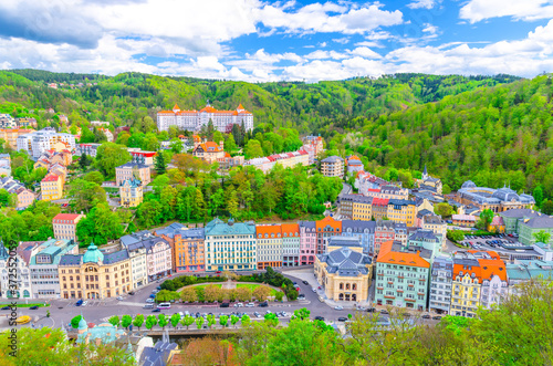 Top aerial panoramic view of Karlovy Vary