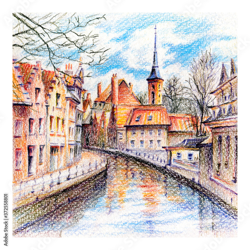 Urban sketch of Bruges canal with church and beautiful medieval houses, Belgium. Drawing with colored pencils