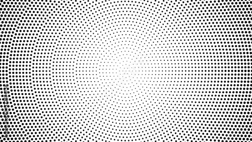 Black and white halftone radial pattern. Abstract dotted vector background.