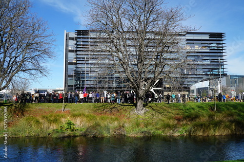 Doctors gather at the Canterbury District Health Board's corporate building to protest the resignation of an executive. 7 of 11 executives have resigned in recent weeks. Christchurch, New Zealand.