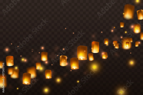 Lanterns isolated on transparent background. Diwali festival floating lamps. Vector indian paper flying lights with flame at night sky