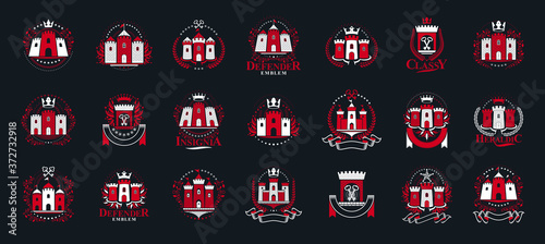Vintage castles vector logos or emblems, heraldic design elements big set, classic style heraldry architecture symbols, antique forts and fortresses.
