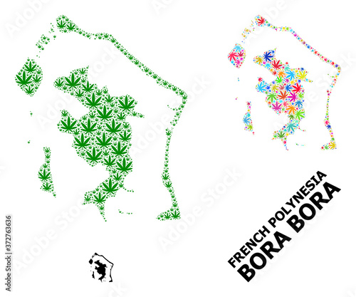 Vector Collage Map of Bora-Bora of Psychedelic and Green Cannabis Leaves and Solid Map