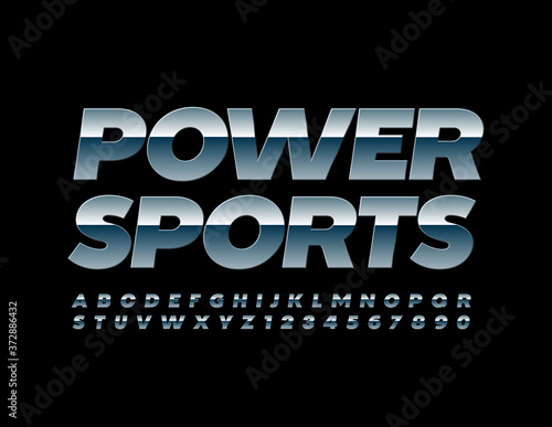 Vector metallic emblem Power Sports. Silver Modern Font. Chrome reflective Alphabet Letters and Numbers