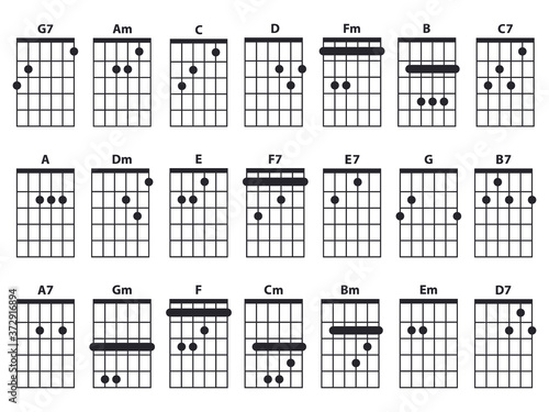 Guitar chords icon set. Guitar lesson vector illustration isolated on white. Basic chords collection