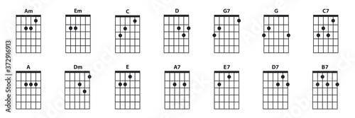 Guitar chords icon set. Guitar lesson vector illustration isolated on white. Basic chords am, em, c, d, g, g7, c7, a, a7, dm, e, e7, d7, b7 collection. Tabulation.