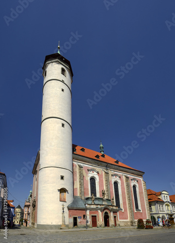 Domazlice, Czech Republic - Tower of the Church of the Nativity of the Virgin Mary in the Peace Square at the center of the town.