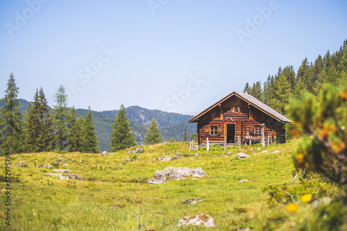 Idyllic mountain landscape in the alps: Mountain chalet, meadows and blue sky