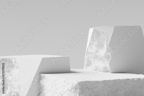 White pieces of Stone wall with broken textured edges, debris stone slabs for product display background. 3d rendering.