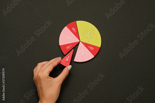 Colorful fraction circles arranged into a circle graph and hand, black background.