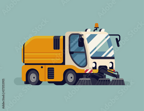 Urban sweeper truck. City cleaning sanitation service vehicle quality vector illustration. Modern mechanical street sweeper machine, isolated