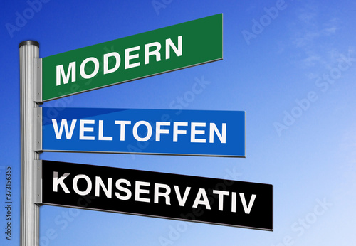 Tafel mit Slogan; modern, weltoffen, konservativ