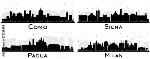 Padua, Siena, Milan and Como Italy City Skyline Silhouette with Black Buildings Isolated on White.