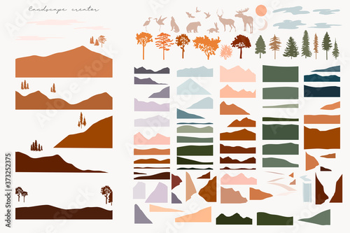 Set of abstract shapes for landscape creator. Abstract mountains, hills, tree, animal, clouds, sun, moon and roads. Editable vector illustration