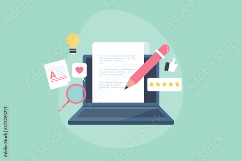 Digital writing, online blogging, content creation and text content writing on laptop screen, research content and publishing on web. High quality content for engaging website user, blog writing. 