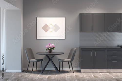 Kitchen interior with the horizontal poster above a round table with two chairs between gray kitchen cabinets and a doorway. Front view. 3d render