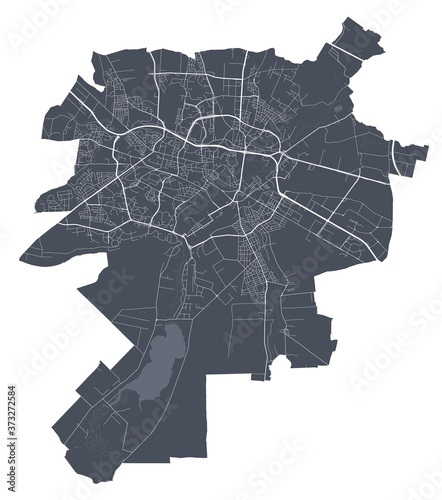 Lublin map. Detailed map of Lublin city poster with streets. Dark vector.