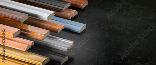 Samples of wooden furniture MDF profiles, Different medium density fiberboards.