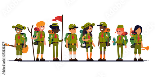 Summer camp scouts together. Cool vector character design on diverse group of scouts wearing uniform, neckerchiefs, carrying backpack and camping gear. Flat design illustration on summer camp kids