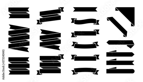 Set of black ribbons banners isolated on white background. Illustration set of black tape. Collection flags, decorative elements, labels and streamers.