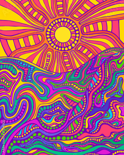 Retro hippie style psychedelic landscape with sun and mountains.