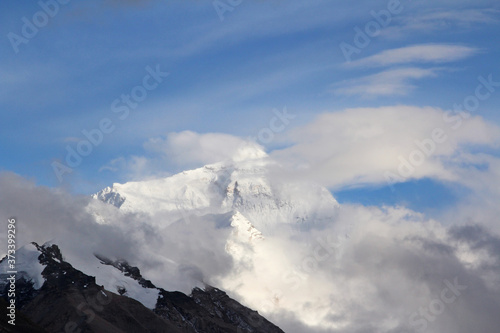 View of Mount Everest with the clouds from Everest Base Camp, Tibet