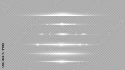 White horizontal lens flares pack. Laser beams, horizontal light rays. Glow transparent vector light effect set, explosion, shine, spark, solar flare.