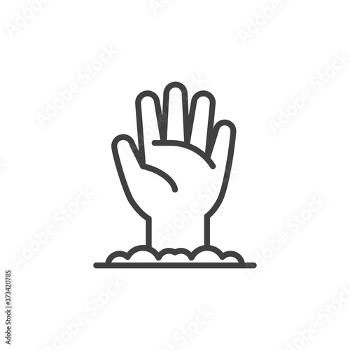 Halloween zombie hand line icon. linear style sign for mobile concept and web design. Hand sticking out of the ground outline vector icon. Symbol, logo illustration. Vector graphics