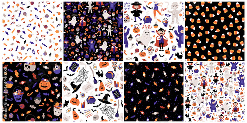 Halloween kids party seamless patterns set. Children in costumes. Vector illustration of characters, lettering, candies and elements in cartoon hand drawn style. Ideal for fabric printing, packaging.