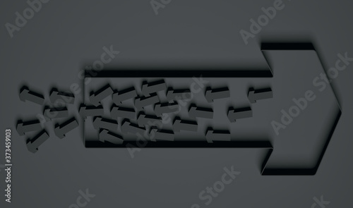 Many black arrows trying to escape from big arrow; arrows pointing in opposite directions on gray background; conflict of interest; exit concept; flat lay, top view; 3d rendering, 3d illustration