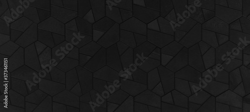 Black anthracite abstract dark seamless geometric hexagonal hexagon mosaic cement stone concrete tile wall texture background banner