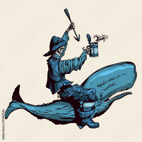Graphic stylization. A cheerful skeleton of a whaler riding a sperm whale. With a harpoon and a mug of rum in his hands.