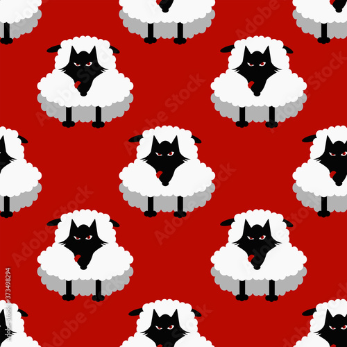 Paffern of wolfs in sheep's clothings on red background.