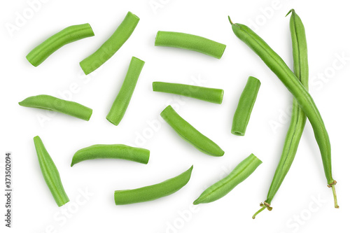 Green beans isolated on a white background with clipping path, Top view. Flat lay