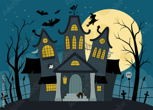 Vector haunted house illustration. Halloween background. Spooky cottage scene with big moon, ghosts, bats, cemetery on dark blue background. Scary Samhain party invitation or card design. .