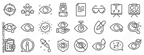 Medical laser surgery, glasses and eyedropper. Optometry, Eye doctor line icons. Pink eye, Cataract surgery and allergy icons. Vision exam problem, optician board, oculist chart. Vector