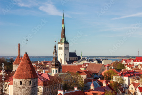 Tallinn old town cityscape, Estonia, aerial, St Olaf's church