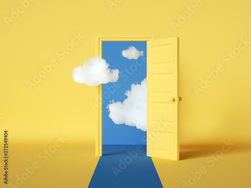 3d rendering, white clouds flying out and going through the open door, objects isolated on bright yellow background. Abstract metaphor, modern minimal concept. Surreal dream scene