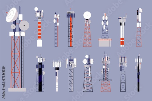 Communication towers. Satellite cellular antenna, wireless mobile telecommunication equipment. Network or radio radar vector illustration. Antenna telecommunication radio, transmission receiving