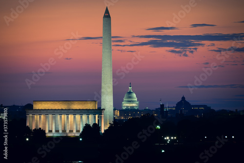 Washington D.C. skyline at night with major monuments in view - Washington D.C. United States of America