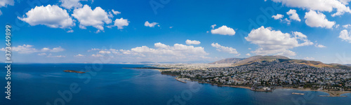 Athens Greece panorama. Aerial drone view of Voula and Glyfada, sunny summer day