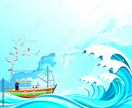 Fishing trawler boat out in rough sea with seagulls overhead set against a blue cloudy sky